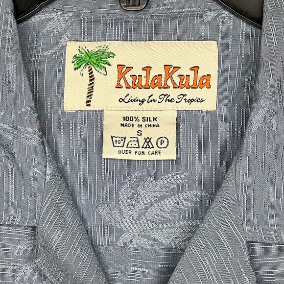 KulaKula 100% Silk Palm Tree Print  Hawaian style button up Size Small Blue - Picture 4 of 5